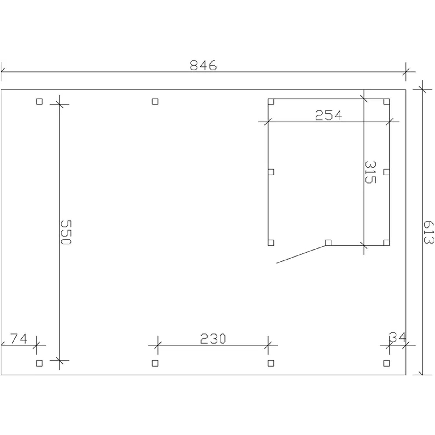 Grundrisszeichnung des Skan Holz Carport Emsland mit Abstellraum, Maße in cm.