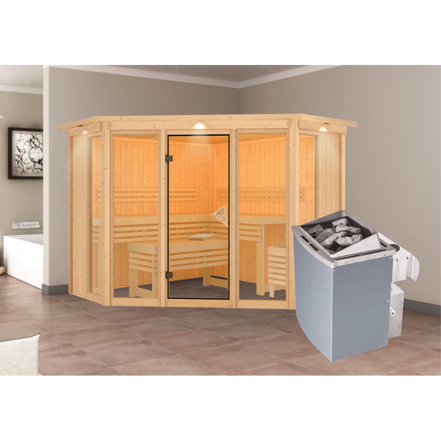 Karibu Sauna Anea 2 mit Ofen intergrierte Stg.LED-Dachkranz Natur
