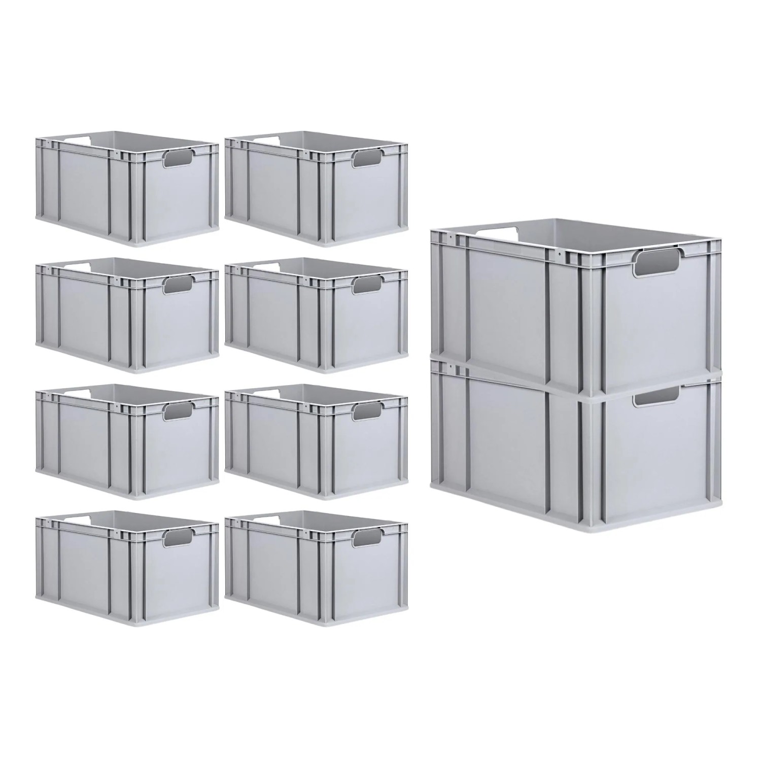 PROREGAL Spar Set: 10 graue Euroboxen mit Deckel und Schnappverschlüssen, 65 Liter, für Lagerung und Transport.