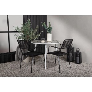 Ebuy24 Break Gartentisch, Ø90cm, weiß/grau mit zwei schwarzen Stühlen im Garten.