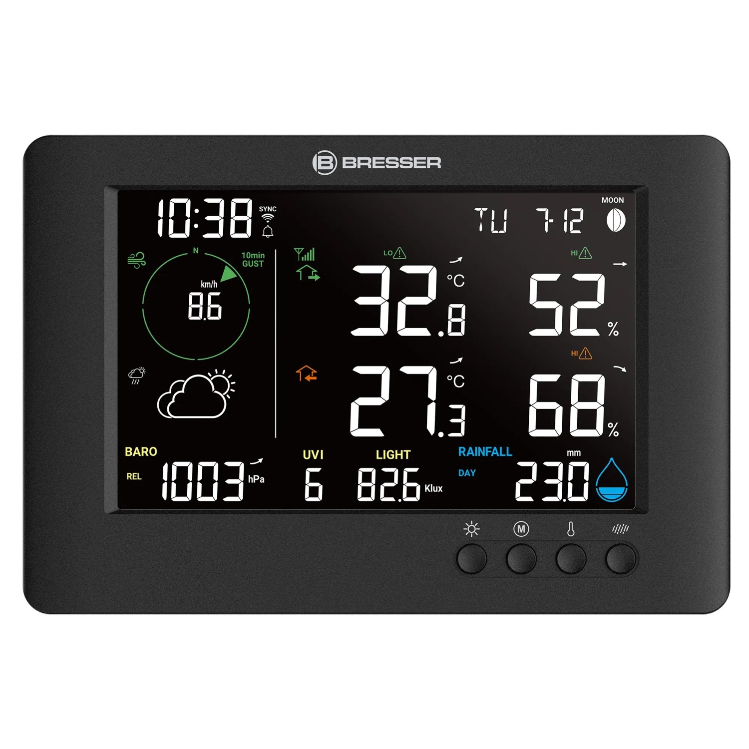 Bresser WLAN-Funk-Wetterstation TB 7-in-1, schwarzes Display mit Wetterdaten.