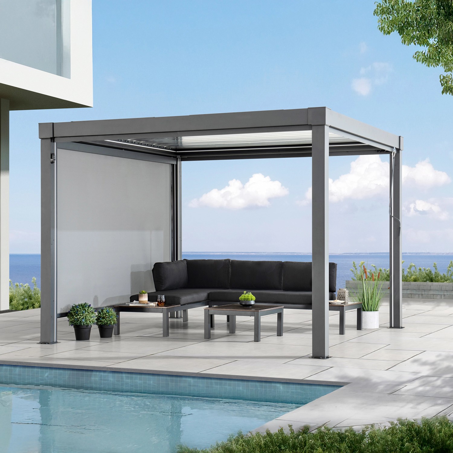Sunjoy Rollo für Matterhorn Pergola 3m, grau, mit blickdichtem Seitenteil für Terrassenüberdachung.