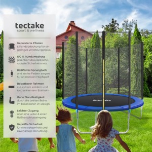 Blau-schwarzes Tectake Trampolin Garfunky Ø 244 cm mit Sicherheitsnetz im Garten.