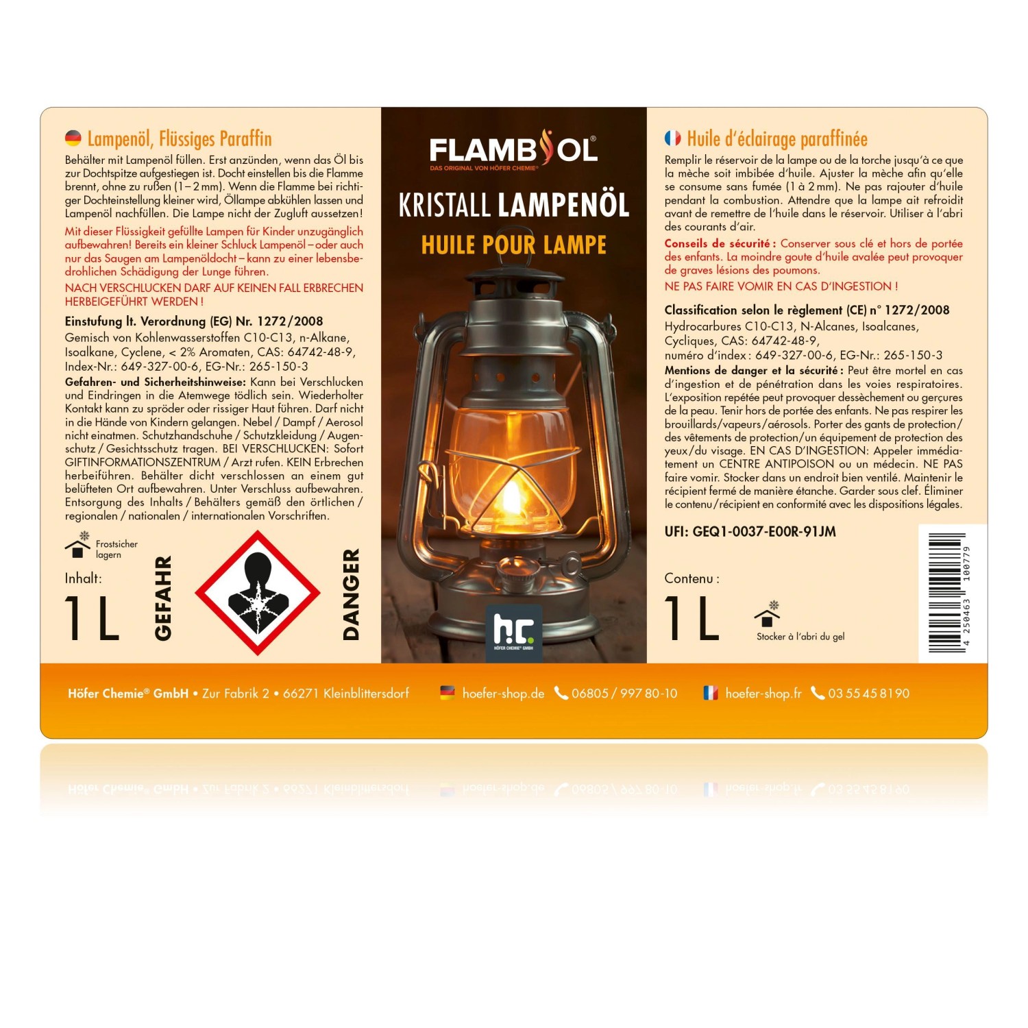 Flasche Flambiol Lampenöl, hochrein, kristallklar, 1 Liter. Brennstoff für Lampen und Fackeln.