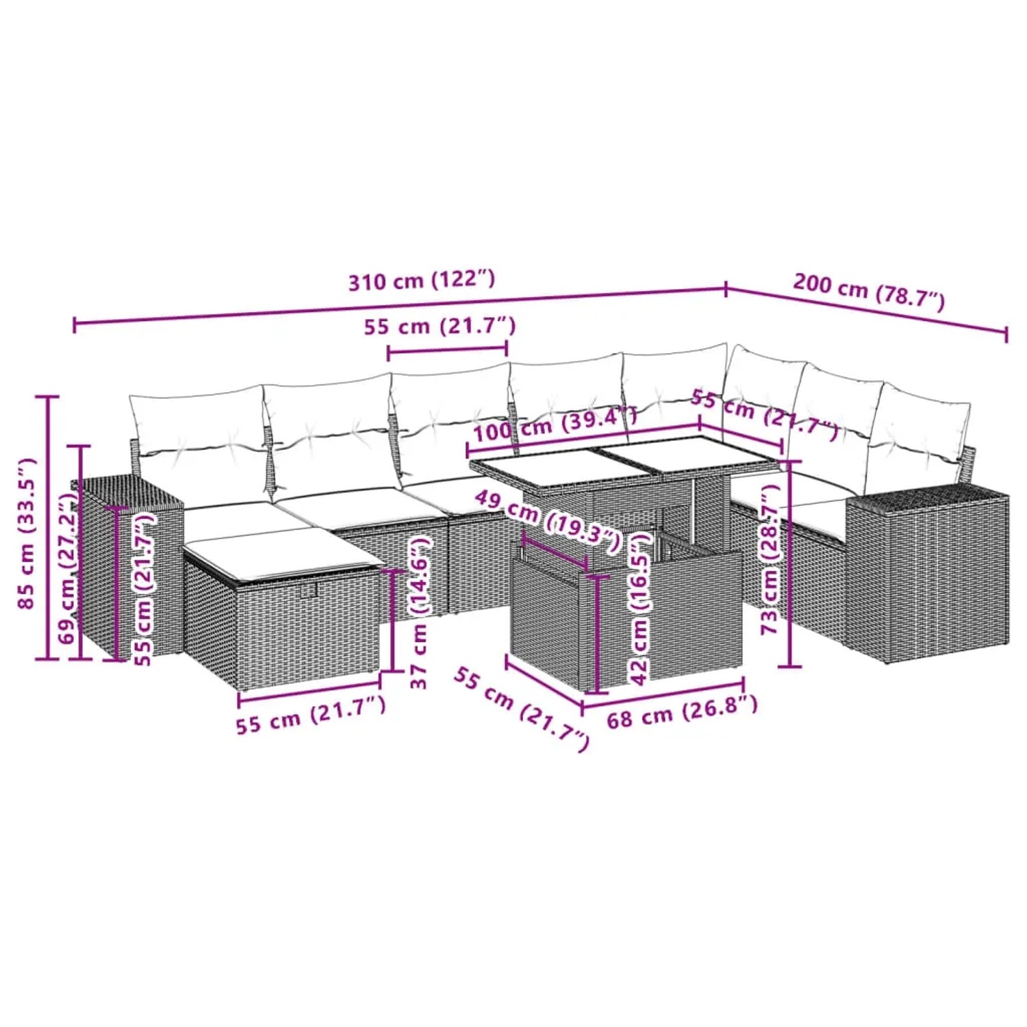 Graue 9-tlg. Garten-Sofagarnitur aus Polyrattan mit Kissen und Tisch mit Glasplatte, Maße siehe Zeichnung.