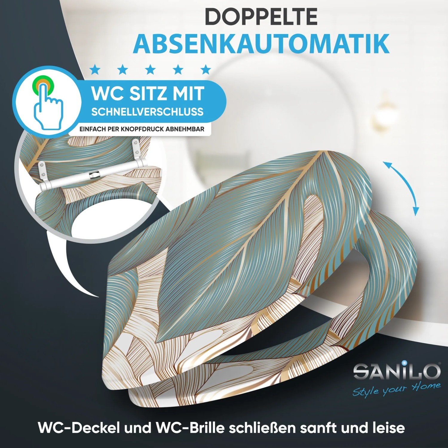 SANILO WC-Sitz mit Absenkautomatik und Blattmuster. WC-Deckel schliesst sanft und leise.