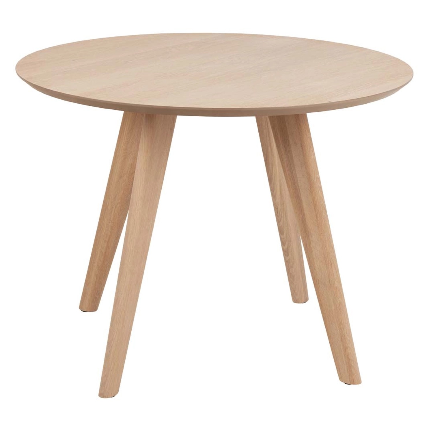 Runder Esstisch Townsville (Ø100cm) mit Eichenfurnier und drei Beinen.