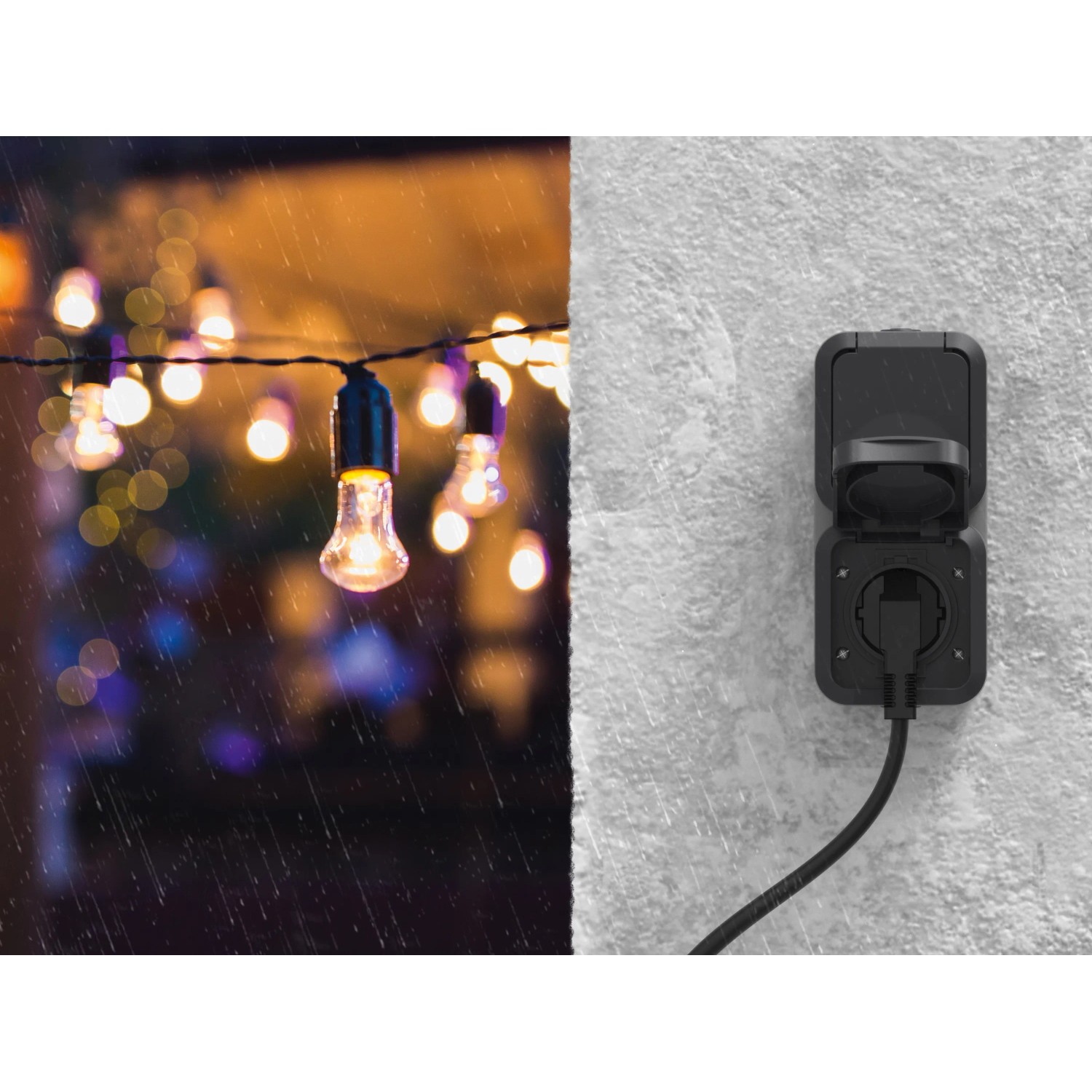 Aufputz 2-fach Steckdose Aqua Pro in Grau-Anthrazit für den Außenbereich mit Lichterkette.
