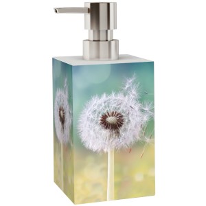 Sanilo Seifenspender mit Pusteblumen-Motiv, eckig und mit silberfarbener Pumpe.