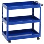 Blauer PROREGAL Werkzeugwagen aus Stahl mit 3 Ladeflächen, Handgriff und Rollen. Ideal für Werkstatt.