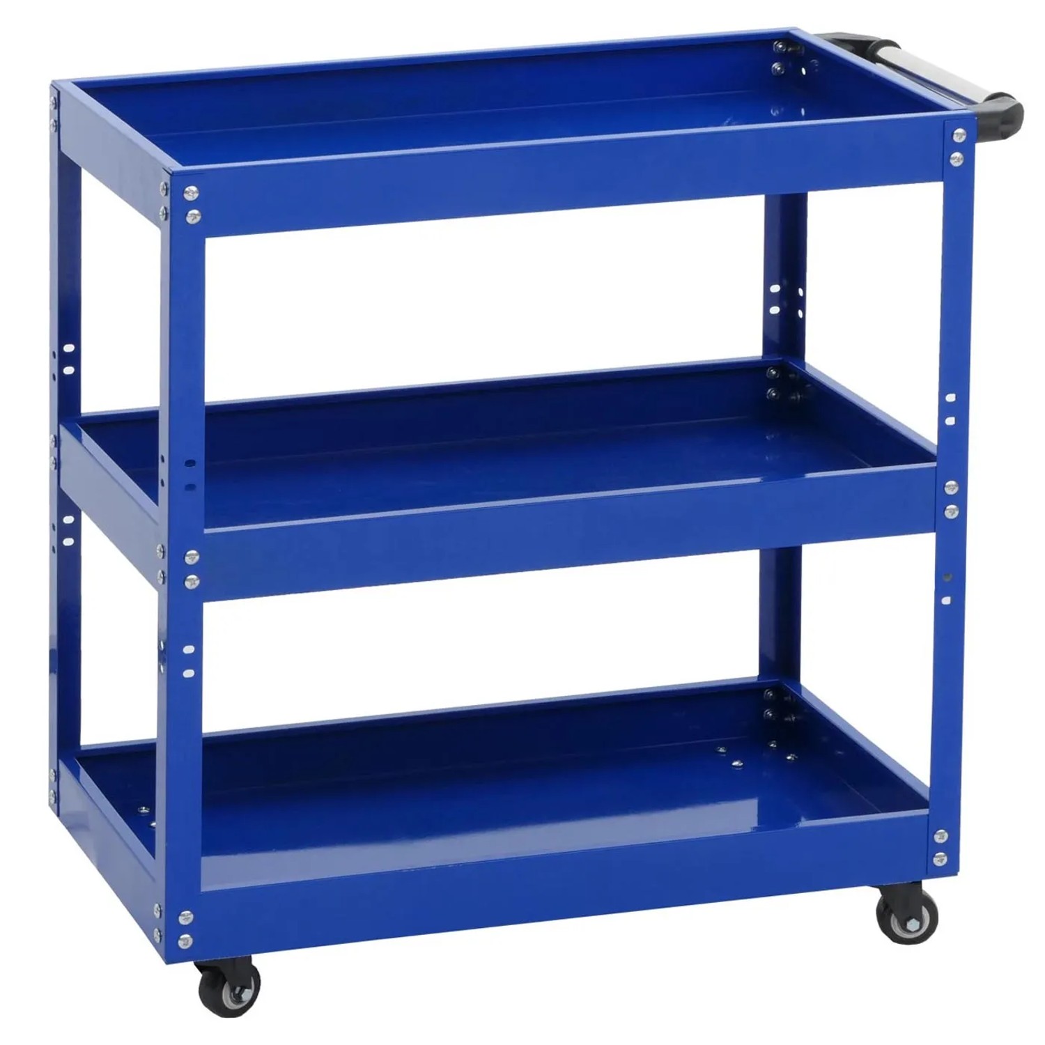 Blauer PROREGAL Werkzeugwagen aus Stahl mit 3 Ladeflächen, Handgriff und Rollen. Ideal für Werkstatt.