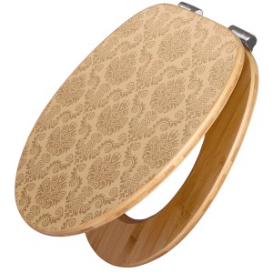 Banjado WC-Sitz aus Bambus mit beigem Tapetenmuster und Absenkautomatik.