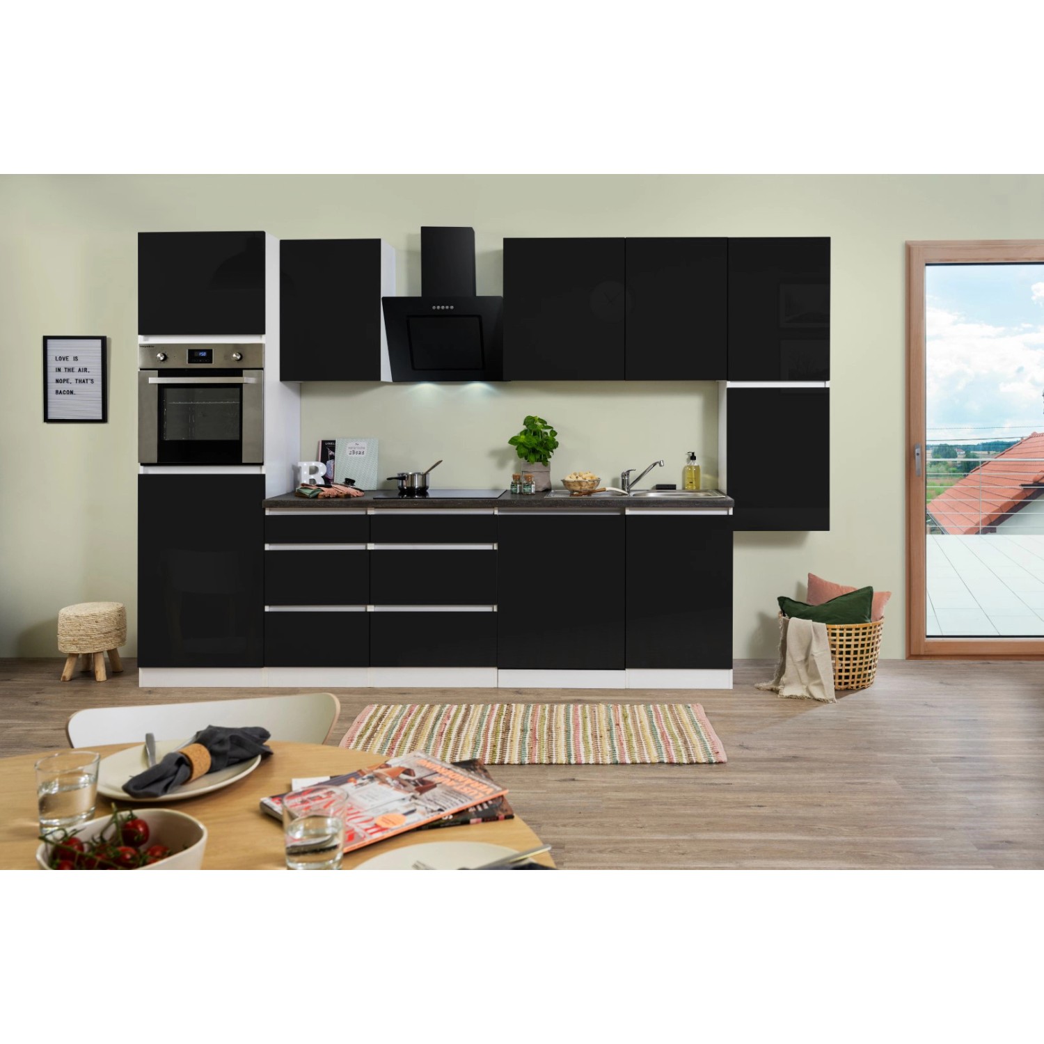 Respekta Küchenzeile/Küchenblock ohne E-Geräte 330 cm Grifflos Schwarz Hochglanz-Weiß