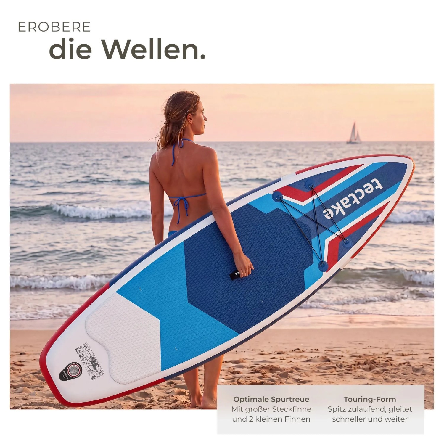 Frau am Strand mit rotem, blauem tectake Stand Up Paddle Board Poseidon. Aufblasbares SUP für Wassersport, stabil & rutschfest.