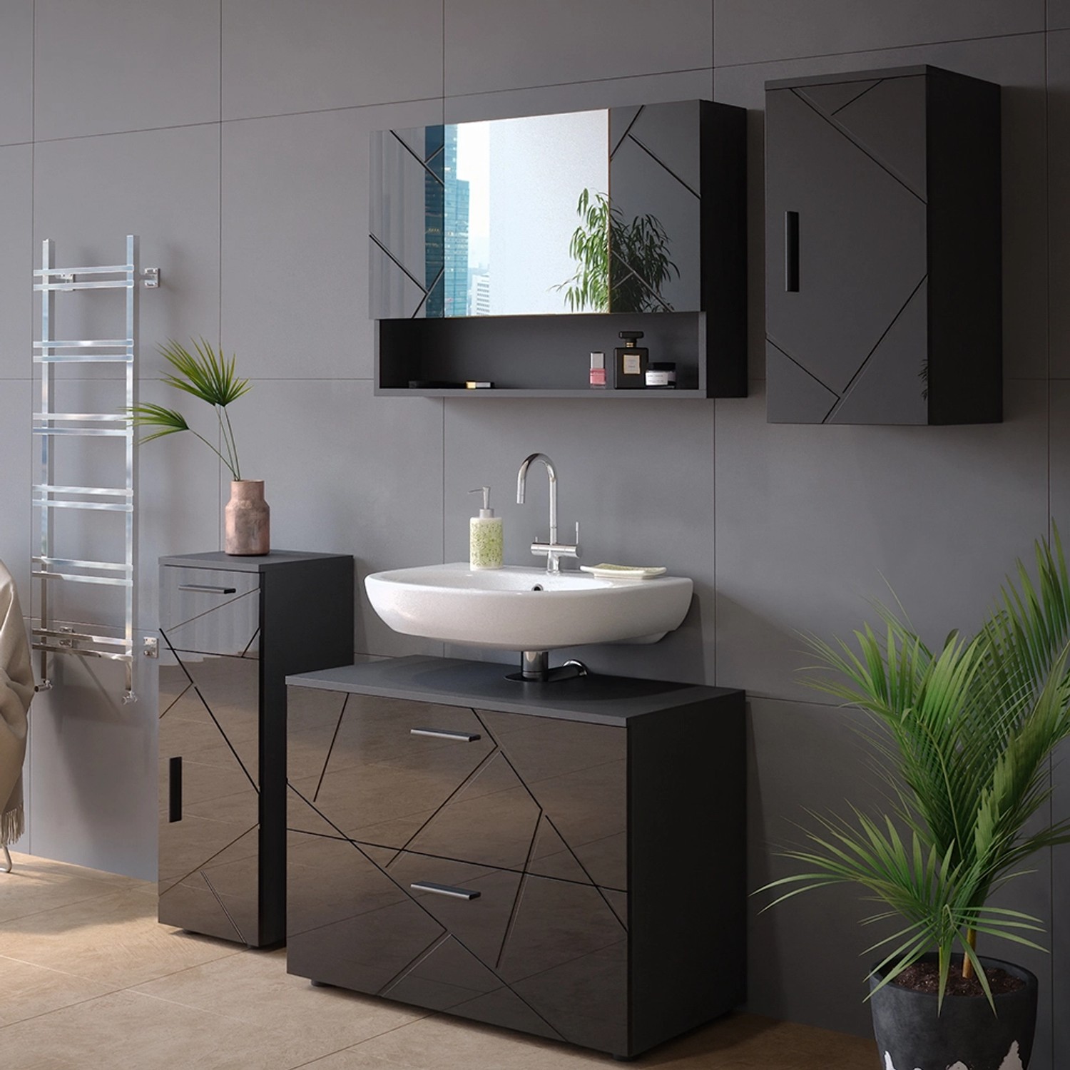 Vicco Badschrank Irma, Anthrazit Hochglanz, 30x59 cm. Hängendes Badregal mit Stauraum für Badartikel.