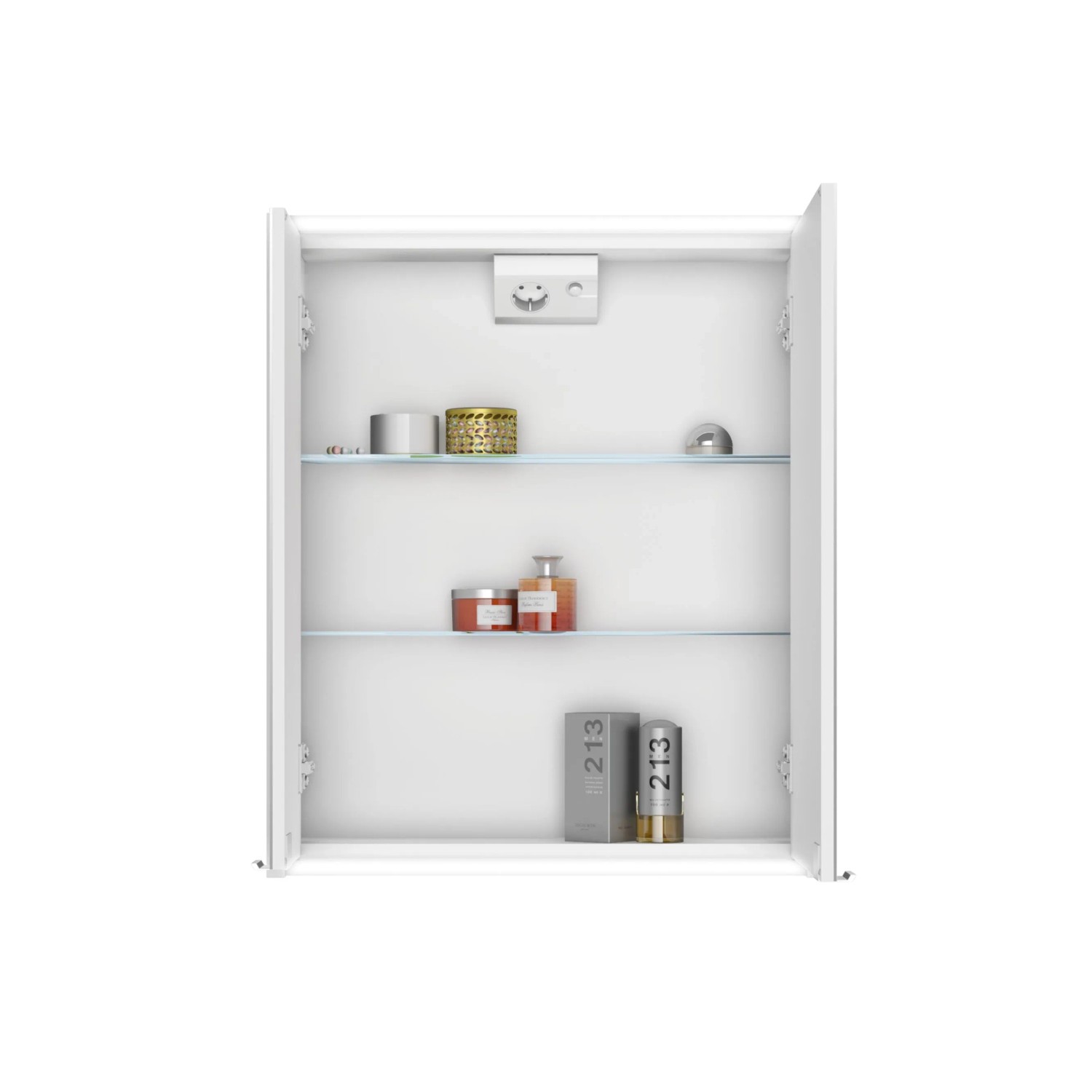 Offener Jokey Spiegelschrank Batu, 60 cm, weiß hochglanz, mit Glasablagen und Badutensilien.