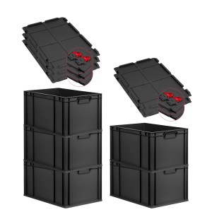 PROREGAL SuperSparSet 5x Eurobox Nextgen Grip Mit Scharnierdeckel Und Roten Verschlüssen HxBxT 32x40x60cm 65 Liter Schwarz Griffe Geschlossen
