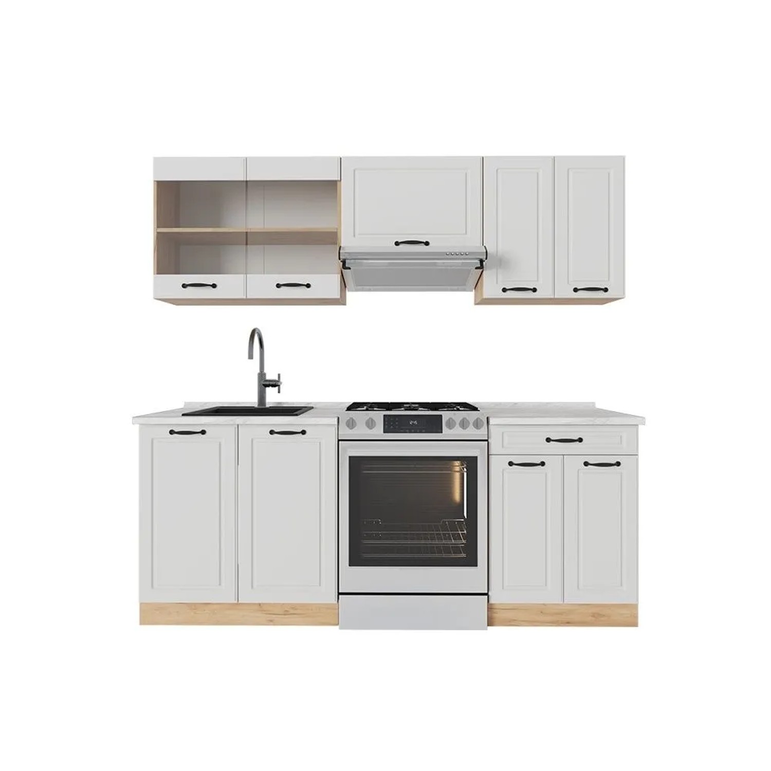 Vicco R-Line Küchenzeile Weiß Landhaus Goldkraft Eiche 200 cm AP Marmor ohne E-Geräte