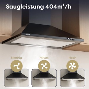 Schwarze CIARRA Wandhaube 60 cm, 404 m³/h, mit LED-Licht. Zeigt 3 Saugstufen: Niedrig, Mittel, Hoch.