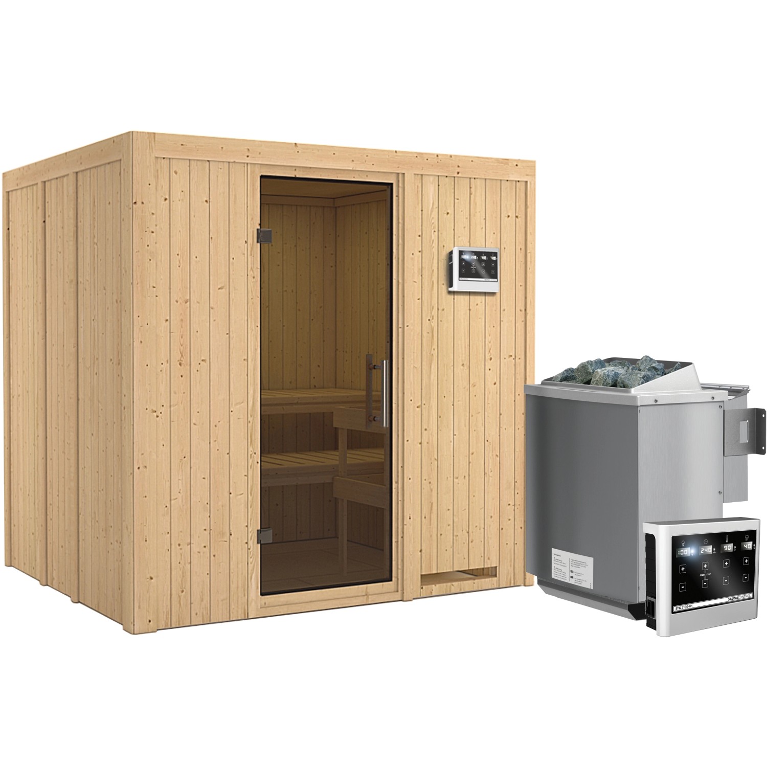 Karibu Sauna-Set Stina inkl. Bio-Ofen 9 kW mit ext. Steuerung, Tür Graphit günstig online kaufen