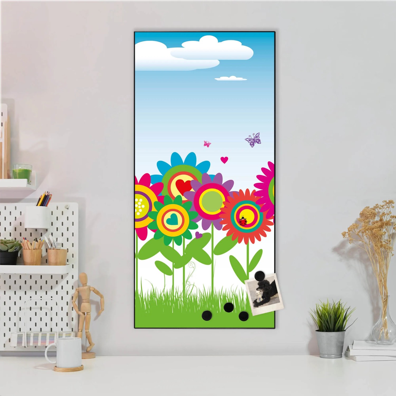Banjado Magnettafel mit bunten Blumen, 37x78cm, inklusive Magnete. Dekorative Magnetwand für Notizen.