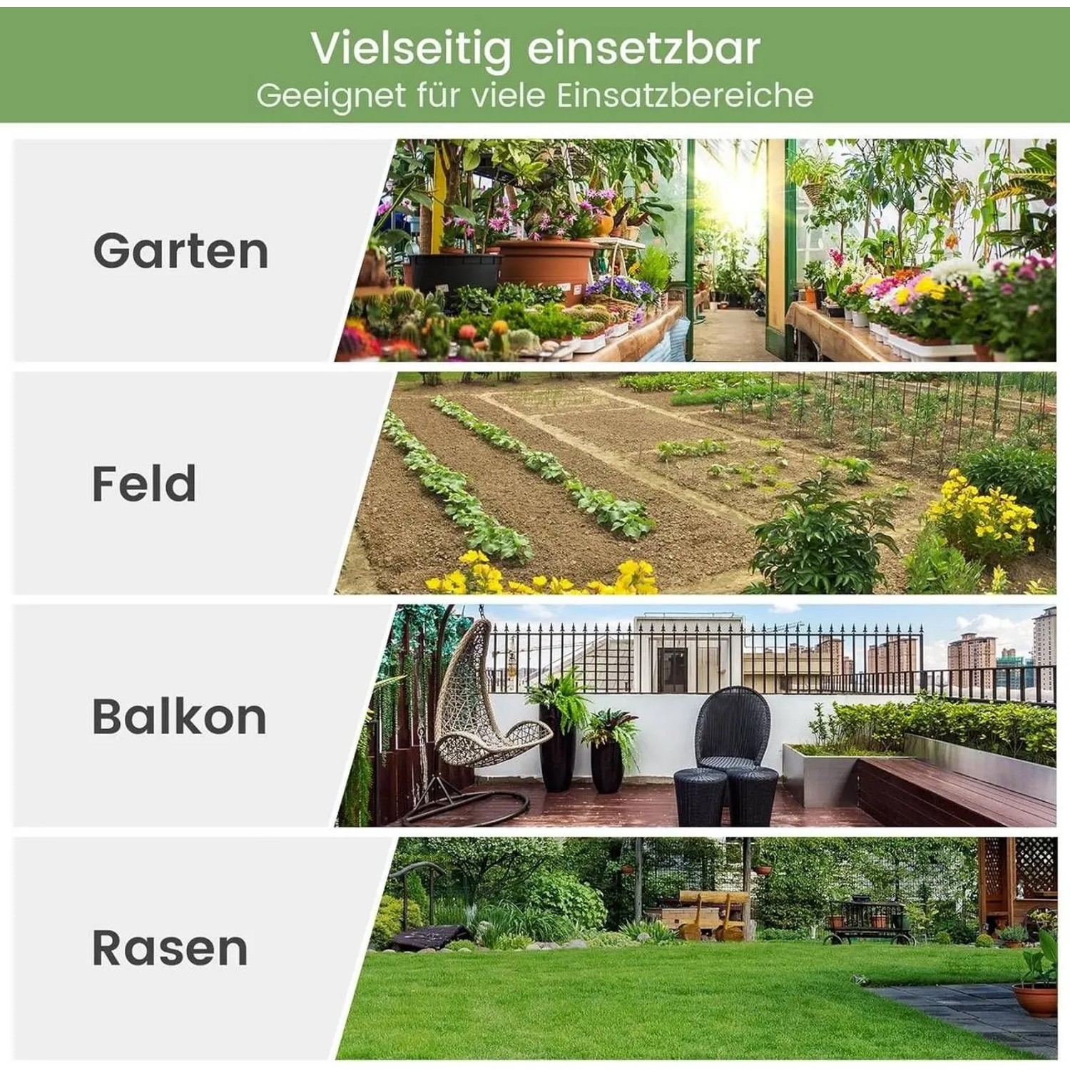 Anwendungsbeispiele WOLTU Foliengewächshaus: Garten, Feld, Balkon, Rasen. Vielseitig einsetzbar.