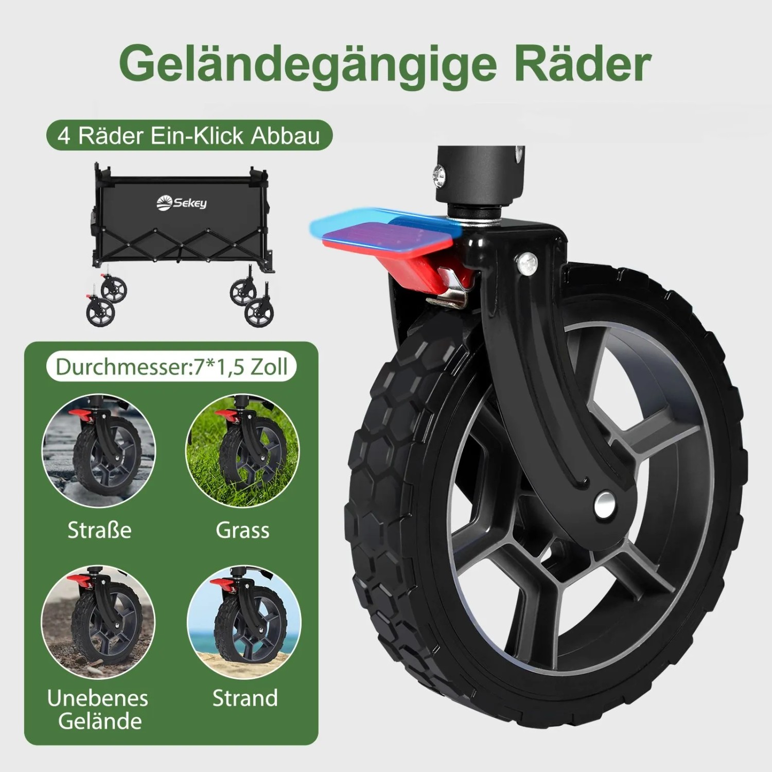 Detailaufnahme der Räder des schwarzen Sekey XXL Bollerwagens, geeignet für jedes Gelände.
