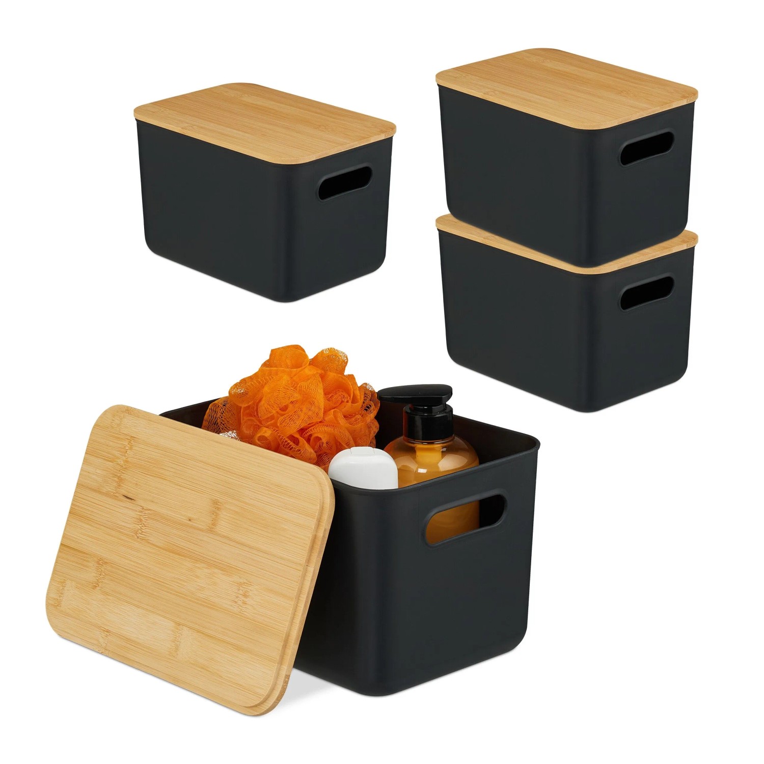 Relaxdays Aufbewahrungsbox Kunststoff Bambus Schwarz Stapelbar 4er Pack S 16 cm x 26 cm x 17,5 cm 230 g