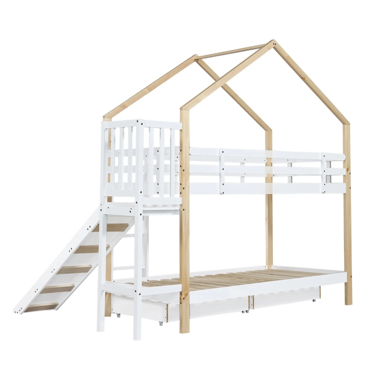okwish Etagenbett 90x200cm mit Rutsche und Schubladen Kinderzimmer Weiß ohne Matratze