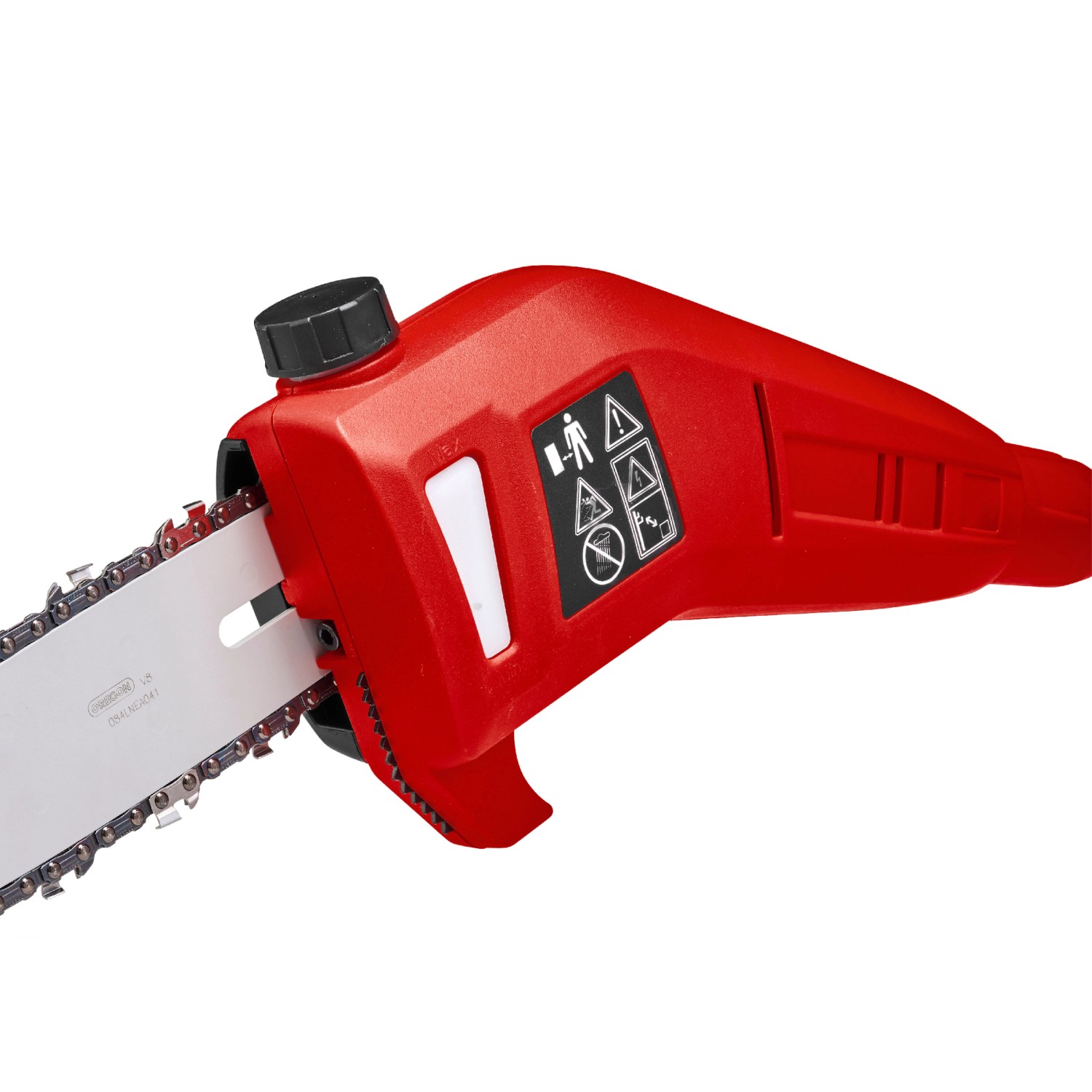 Detailaufnahme: Roter Einhell Akku-Hochentaster GC-LC 18/20 Li T-Solo mit Oregon Kette.