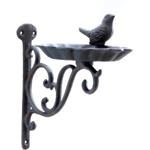 Schwarze Vogeltränke aus Gusseisen mit Vogel-Figur, 22 cm, zur Wandmontage. Gartendekoration.