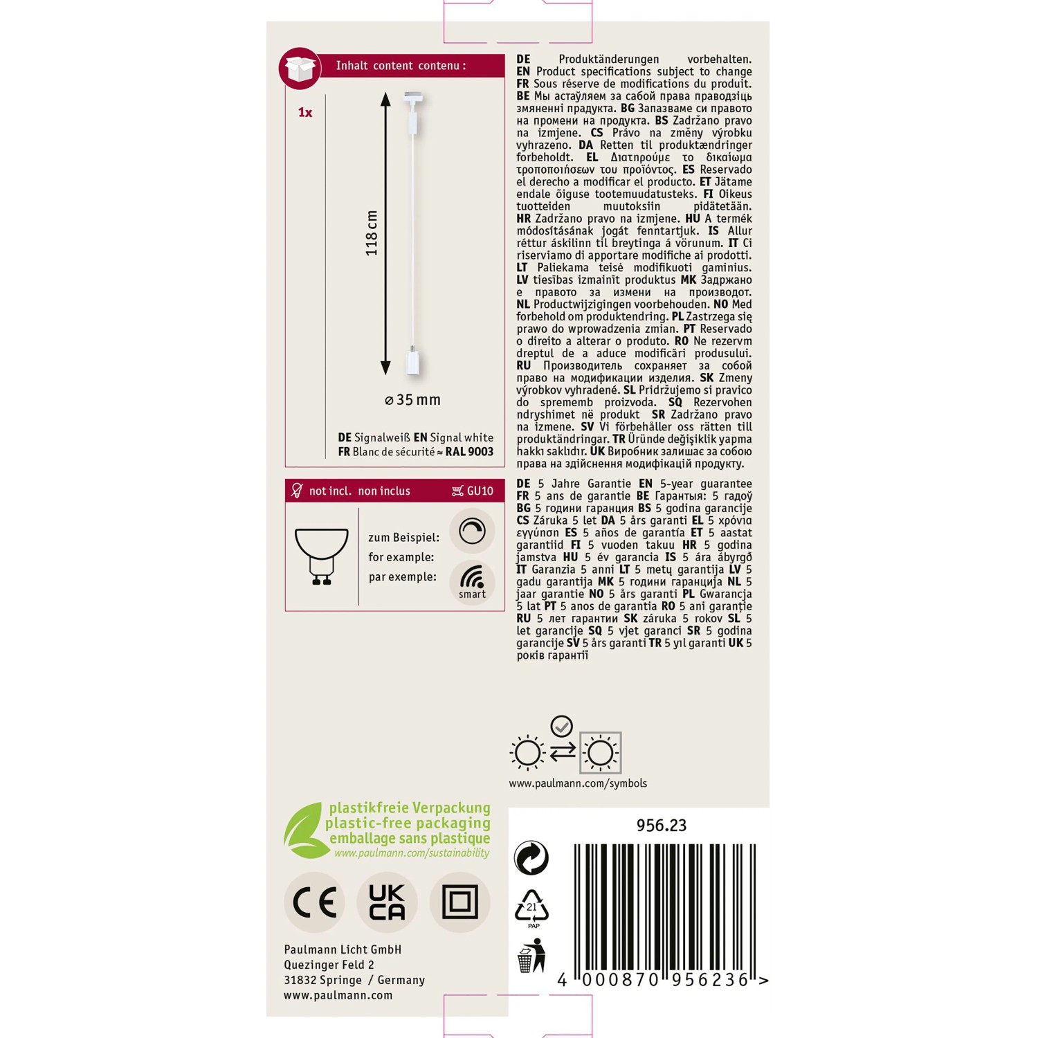 Paulmann URail Pendelleuchte Runa, signalweiß, 118cm, für LED-Schienensystem.