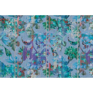 Fototapete mit abstraktem Blumenmuster in Blau und Grün, 4,00 m x 2,70 m, FSC®-zertifiziert.