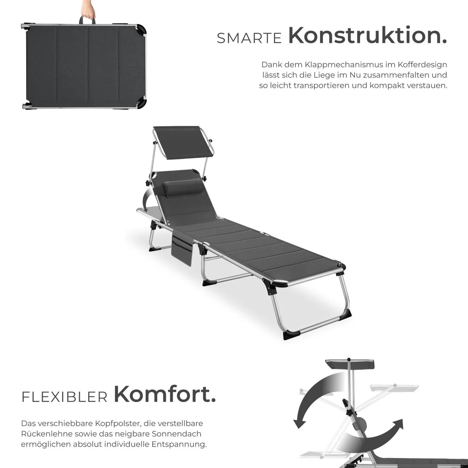 Tectake Aluminium Sonnenliege Lorella Gepolstert  Klappbar Wetterfest und Uv Beständig  200 x 60 50 x 115 cm Grau_3