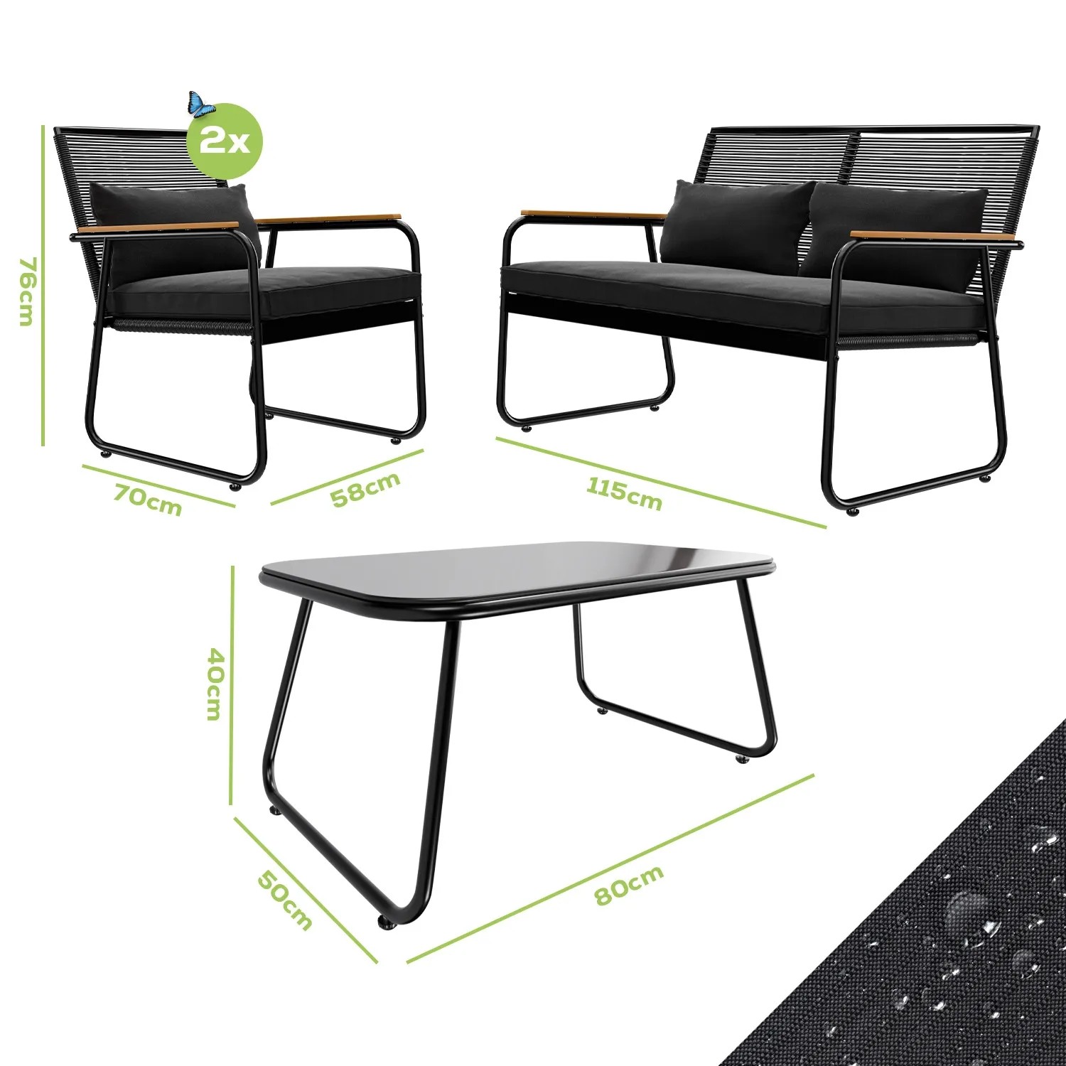 GARMIO Polyrattan Gartenmöbel Set, 4-teilig mit Bank, Stühlen und Glastisch.