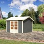 Karibu Holz-Gartenhaus Timra, terragraues Gartenhaus mit Satteldach und Doppeltür.