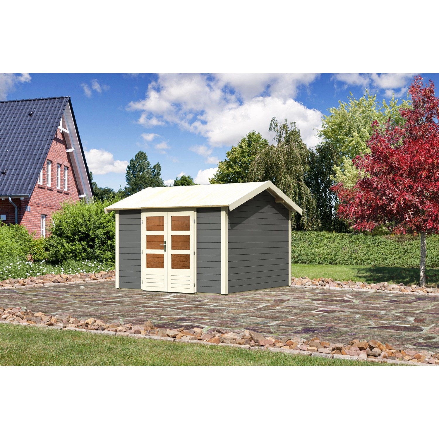 Karibu Holz-Gartenhaus Timra Terragrau Satteldach Lackiert 300 cm x 300 cm günstig online kaufen