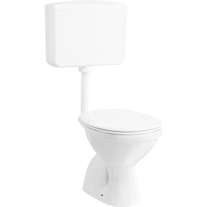 Weißes baliv Stand-WC-Set mit senkrechtem Abgang, inklusive Spülkasten und WC-Sitz.