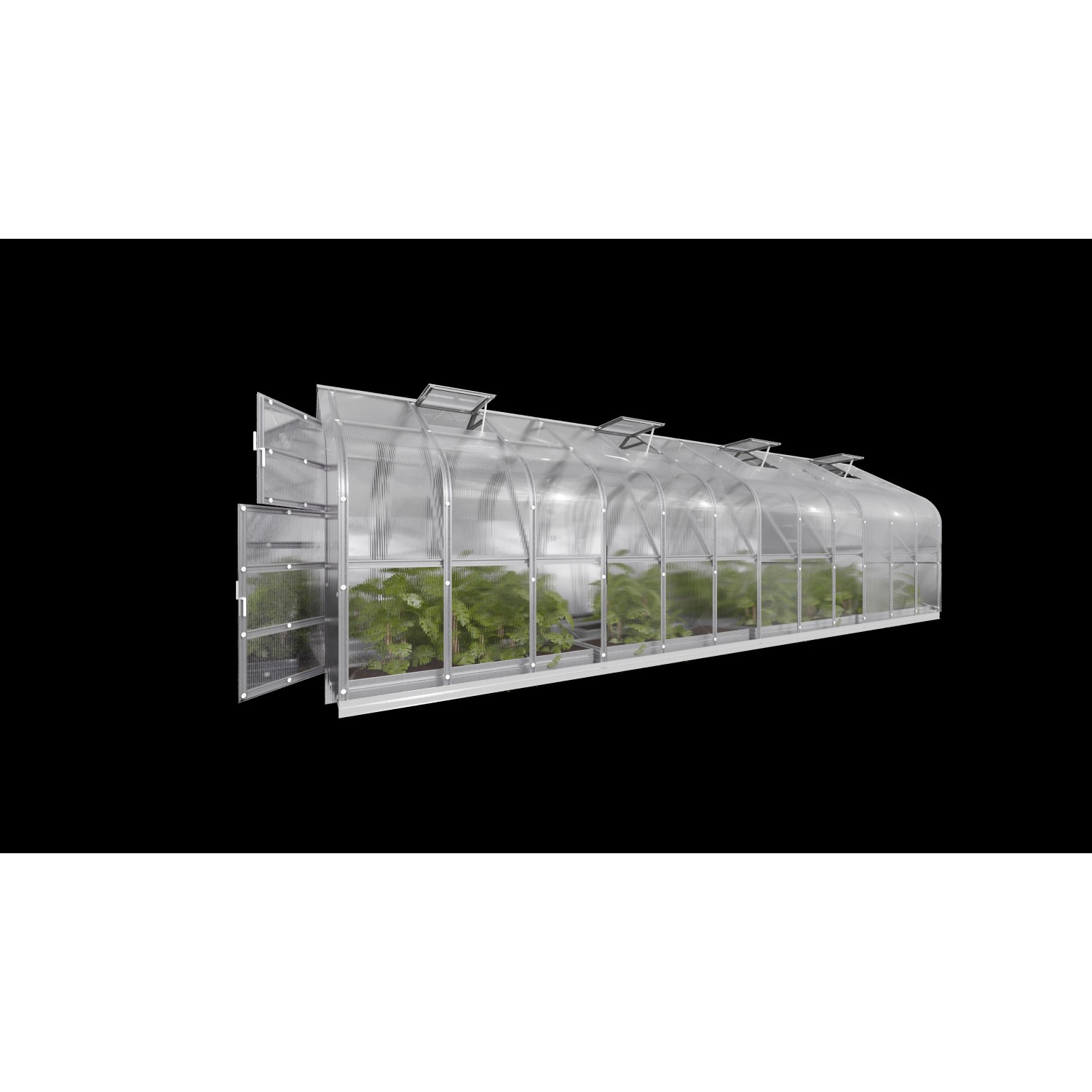 Klasika Gewächshaus 20m² mit Polycarbonatabdeckung und Dachfenstern.