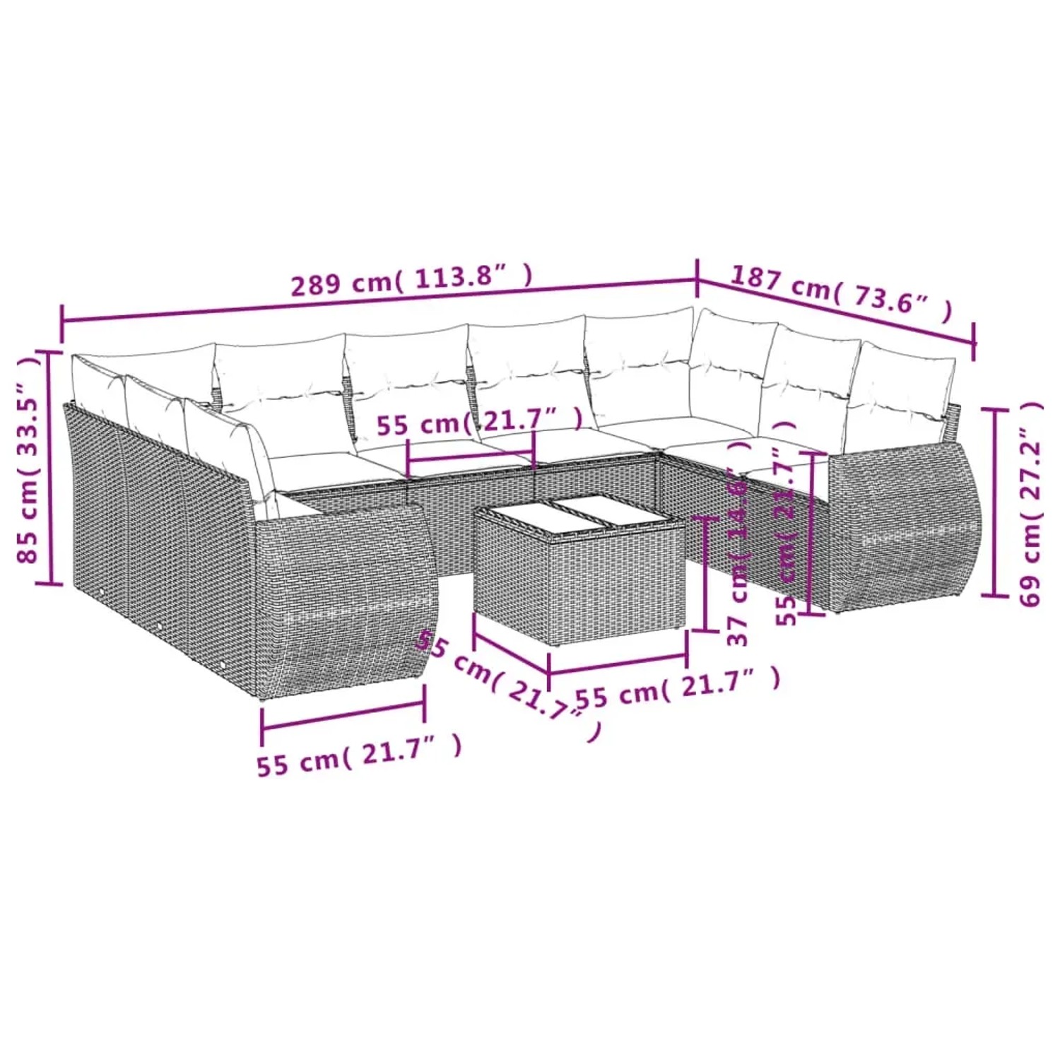 Schwarze 10-tlg. vidaXL Garten-Sofagarnitur aus Rattan mit cremeweißen Kissen und Maßen.