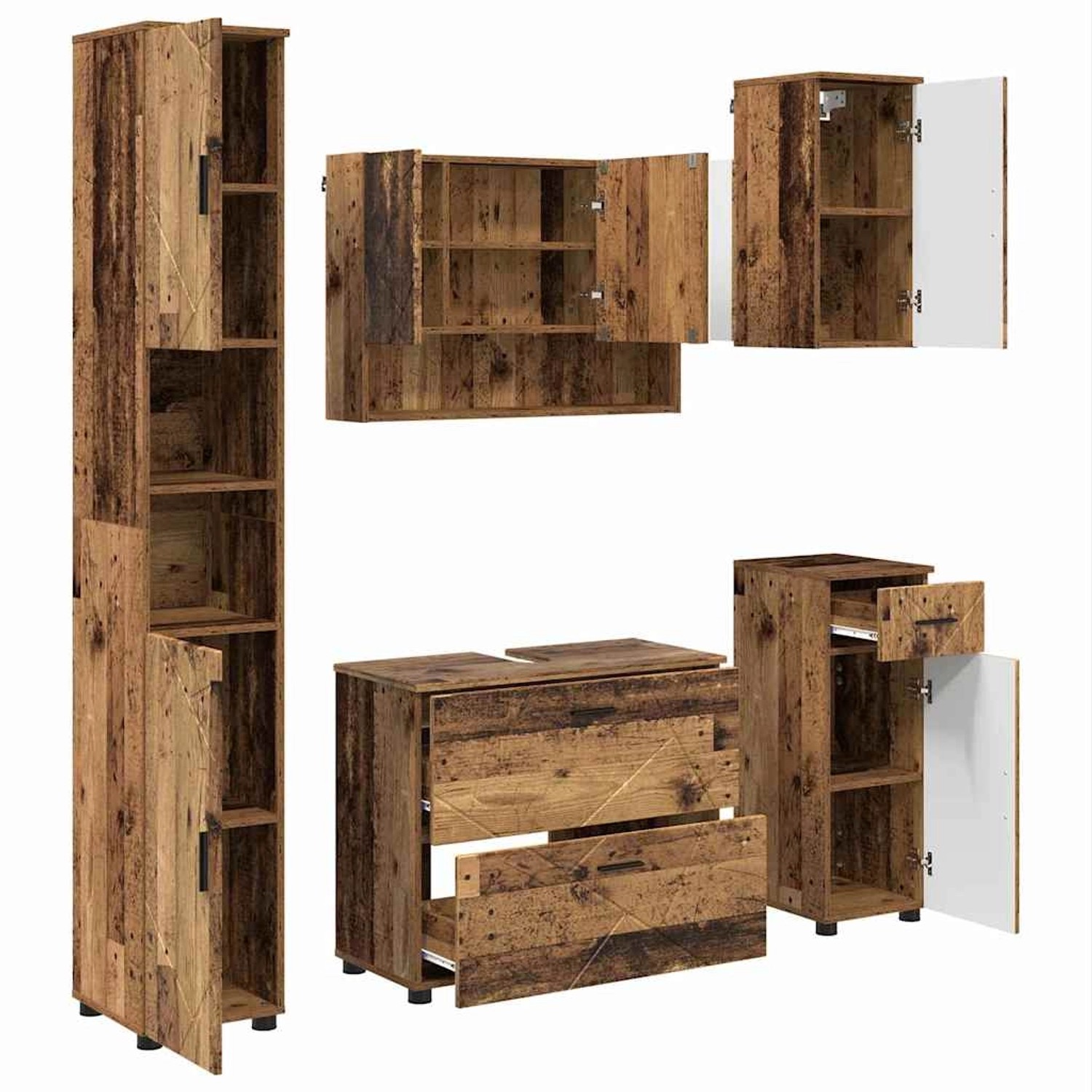 vidaXL Badezimmermöbel-Set mit Tür 5-Tlg Altholz Sperrholz und Metall 3393081