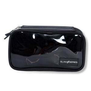 Kompakte schwarze Glamseries Kosmetiktasche mit transparentem Frontfach und zwei Reißverschlüssen für Make-up Ordnung.