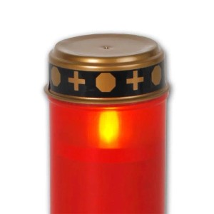 Rotes LED-Grablicht Serene aus Kunststoff mit goldenem Deckel, Kreuzen und warmweißem Flackern.