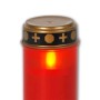 Rotes LED-Grablicht Serene aus Kunststoff mit goldenem Deckel, Kreuzen und warmweißem Flackern.