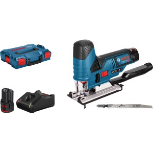 Bosch Professional Akku-Stichsäge GST 12 V-70 mit Akkus, Ladegerät, Sägeblättern und L-Boxx.