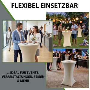 Beige Stretch-Stehtischhussen (70cm) in flexiblen Einsatzbereichen: Empfänge, Gartenpartys, Galas. Ideal für Events.