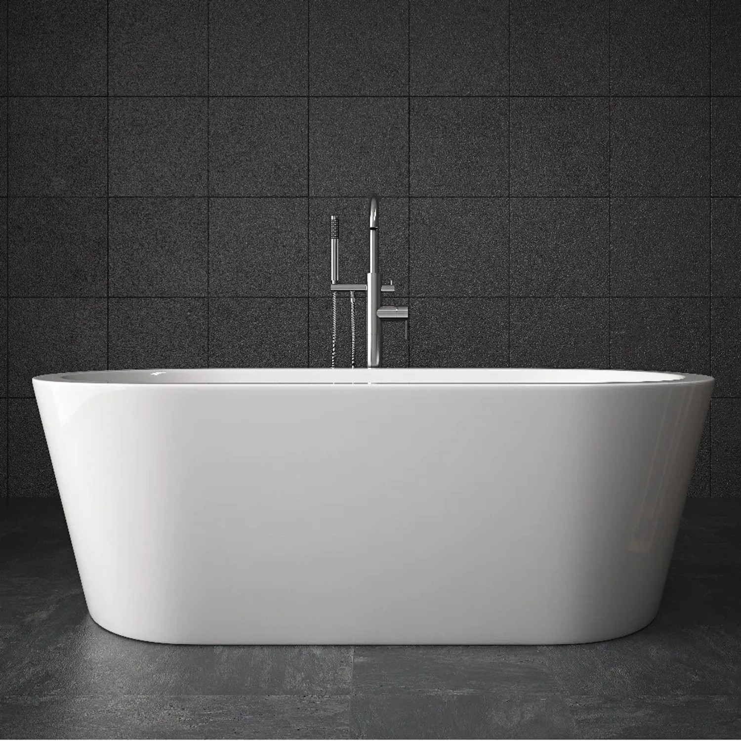 Freistehende, weiße Tronitechnik Badewanne Piperi aus Acryl mit Armatur und Siphon.