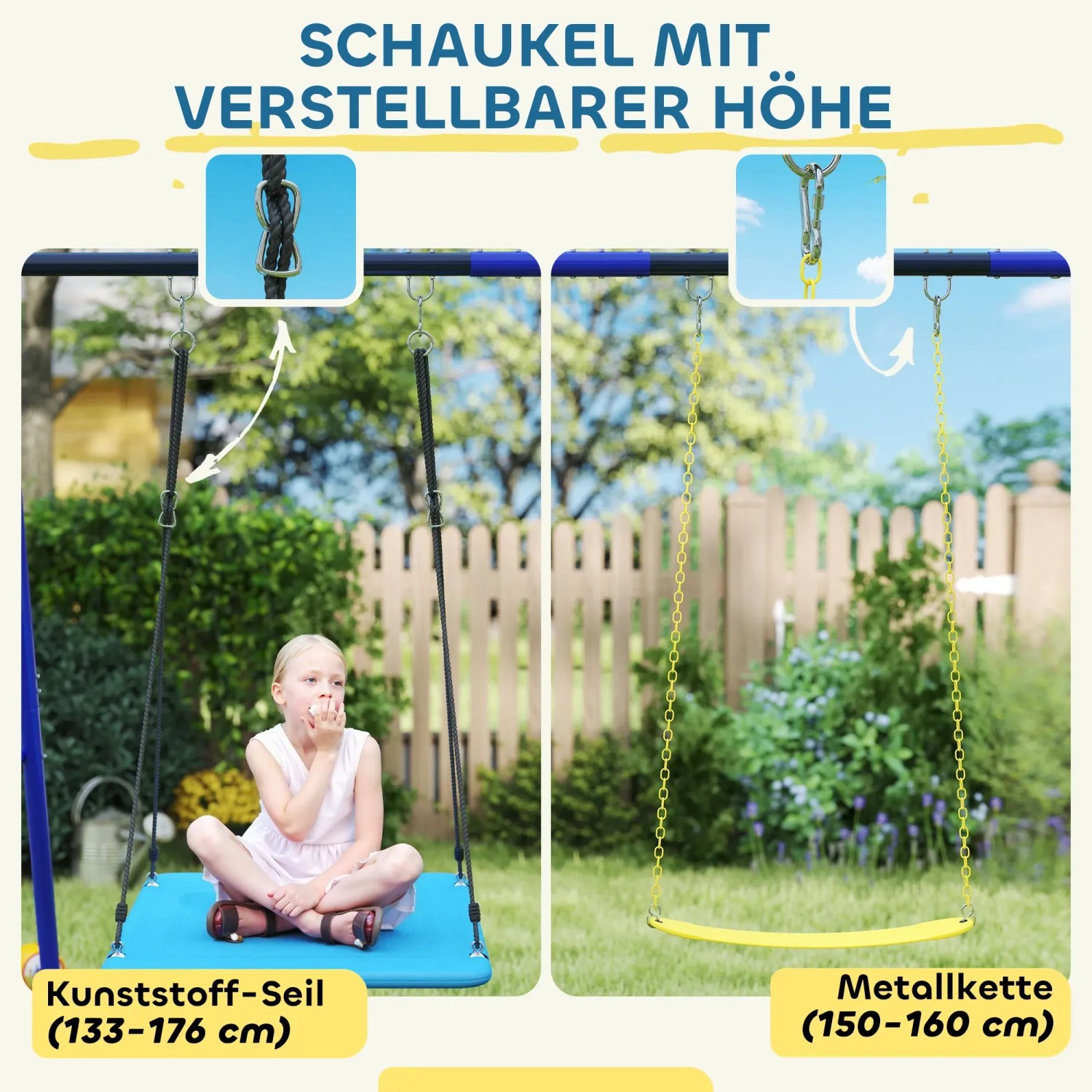 AIYAPLAY Kinderschaukel mit Plattform und Gürtelschaukeln, höhenverstellbar.