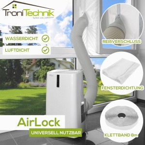 Tronitechnik AirLock Fensterabdichtung für Klimagerät mit Abluftschlauch und Klettband.