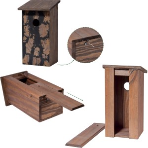 Dobar Nistkasten aus Kiefernholz mit Baumrinde-Aufdruck, verschiedene Ansichten.